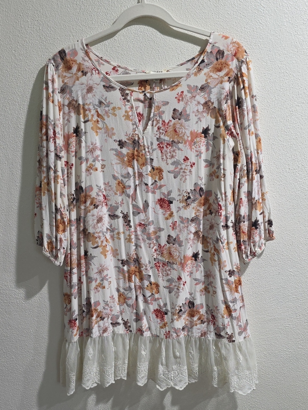 Umgee Floral Tunic With Sheer Embroidered Lace Trim At Hem